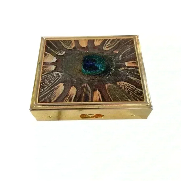 Peacock Feather Gold Vintage Trinket/Pill/Snuff Box - Picture 1 of 4